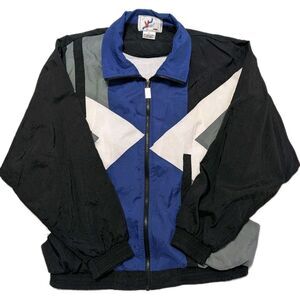 VTG Vizor Windbreaker Size Large Full Zip Colorblock Black Blue Lined Nylon